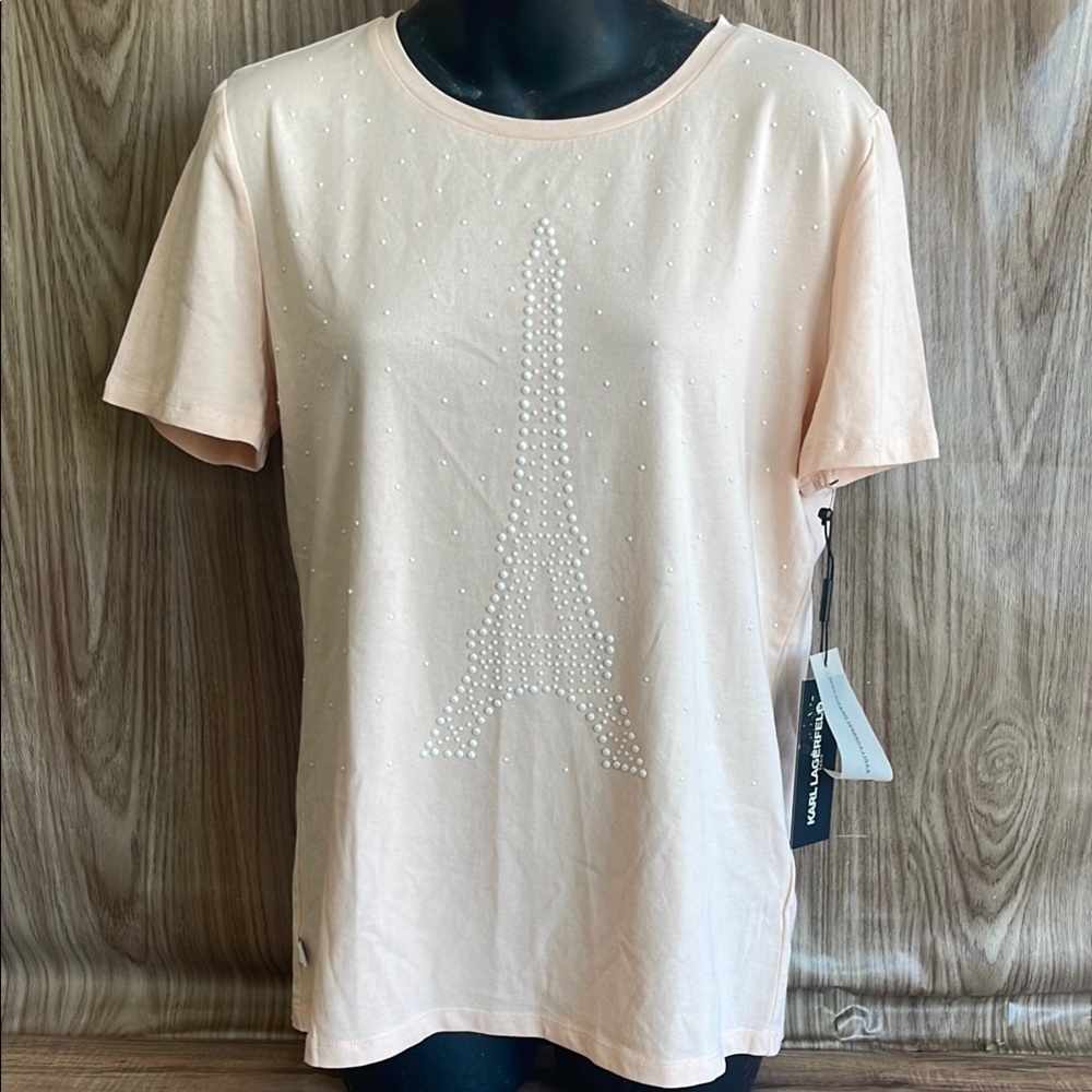 NWT KARL LAGERFELD Elegant Eiffel Tower Embellished Top Light Peach